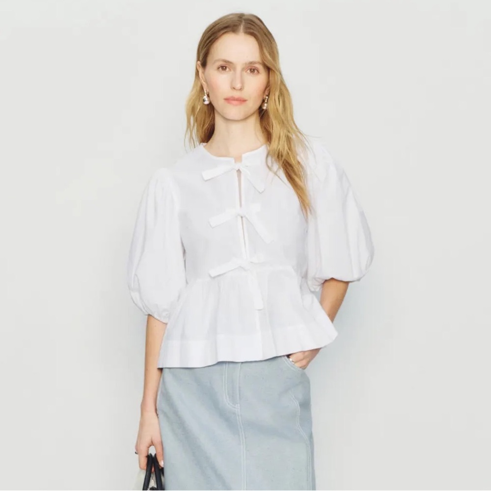 GANNI Bright White Cotton Poplin Peplum Blouse